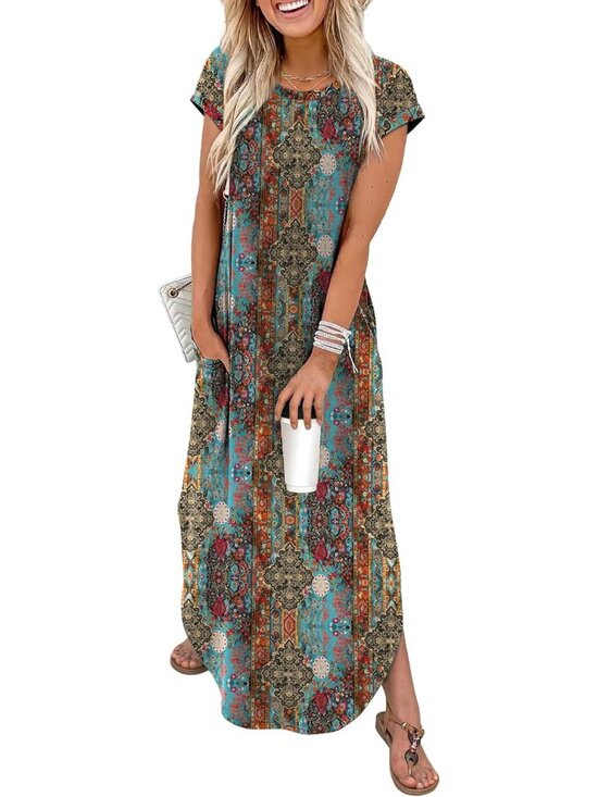 Dresses & Skirts - Women's Dark Blue Summer Dress Cap Sleeve Crewneck Maxi Long Casual Beach Dress